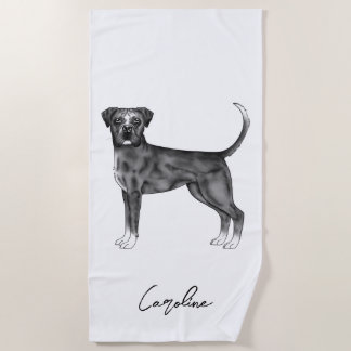 German Boxer Dog In Black And White &amp; Custom Name Beach Towel