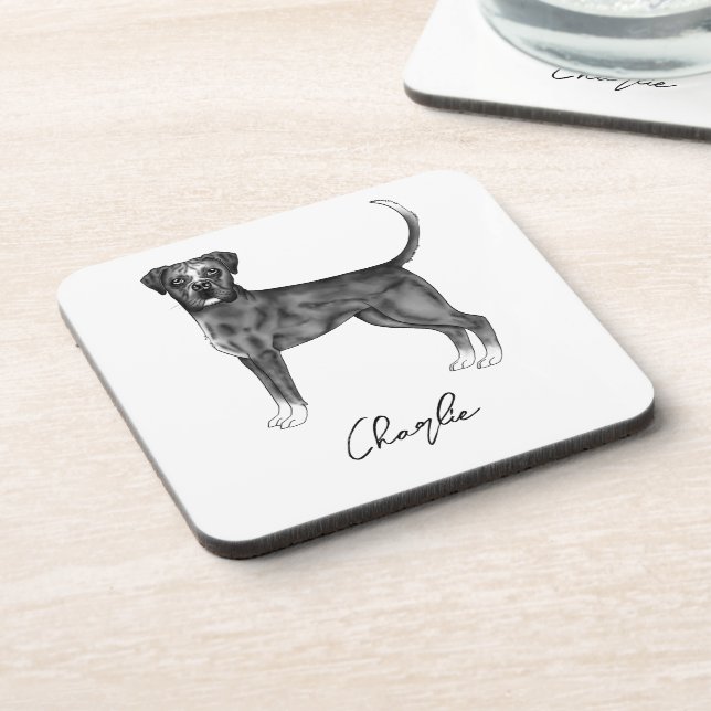 German Boxer Dog In Black And White & Custom Text Beverage Coaster (Left Side)