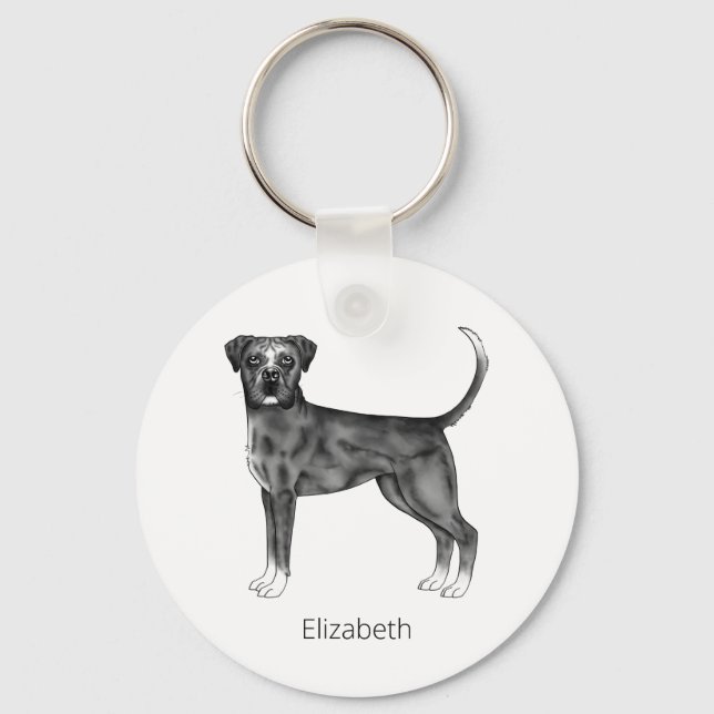 German Boxer Dog In Black And White & Custom Text Keychain (Front)
