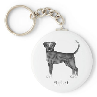 German Boxer Dog In Black And White &amp; Custom Text Keychain