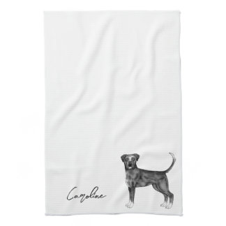 German Boxer Dog In Black And White &amp; Custom Text Kitchen Towel