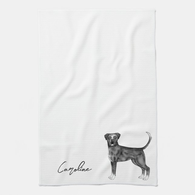 German Boxer Dog In Black And White & Custom Text Kitchen Towel (Vertical)