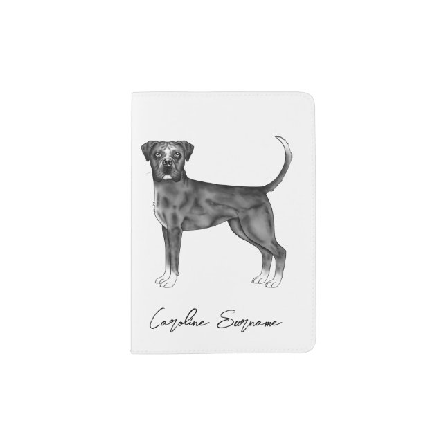 German Boxer Dog In Black And White & Custom Text Passport Holder (Front)