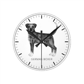 German Boxer Dog In Black And White &amp; Custom Text Round Clock
