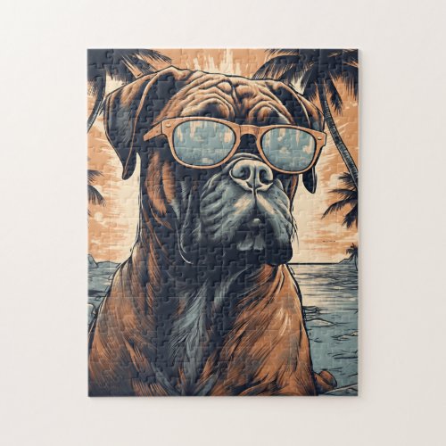 German Boxer with sunglasses at a tropical beach Jigsaw Puzzle
