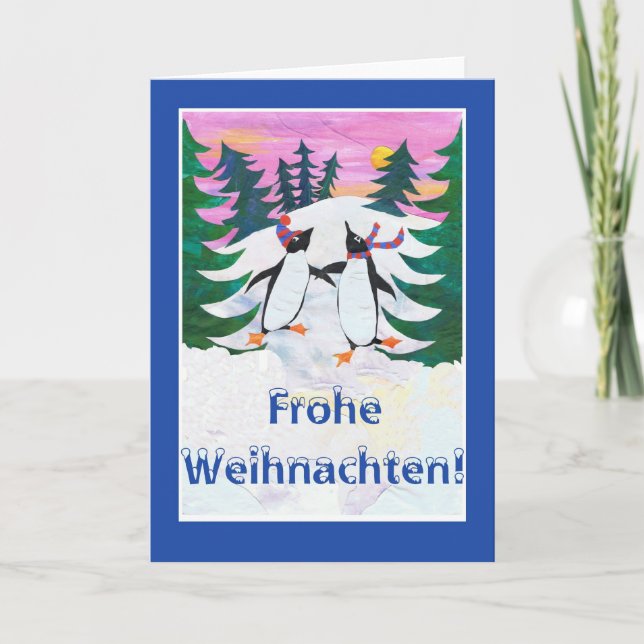 German Christmas Card - Skating Penguins (Front)