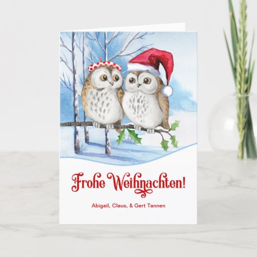 GERMAN Christmas Frohe Weihnachten Winter Owls Holiday Card