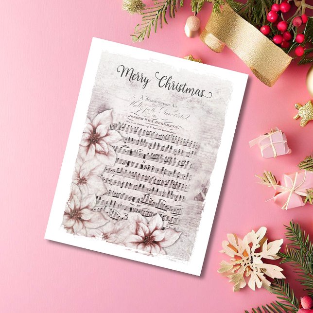 German Christmas Music Poinsettias Vintage  Holiday Card (Creator Uploaded)