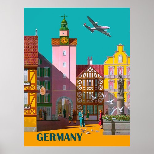 German city vintage airline poster
