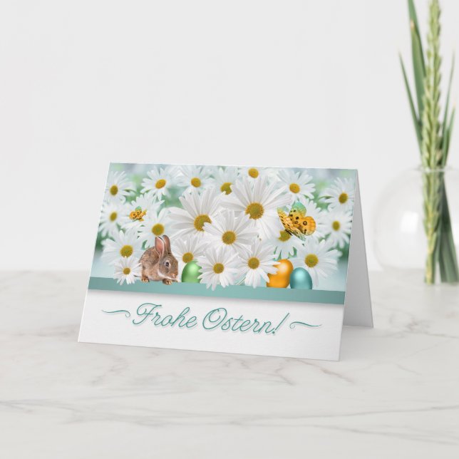 GERMAN Easter Daisy Garden Bunny and Eggs Card (Front)