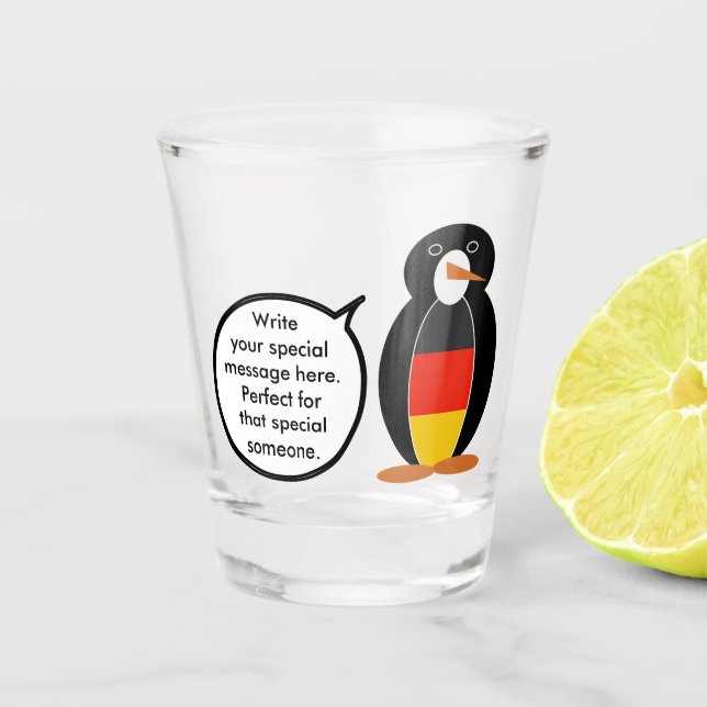 German Flag Talking Ms Penguin Personalized Shot Glass (Front)