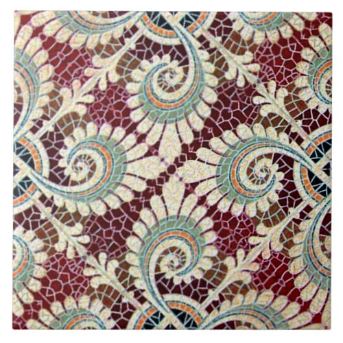 German Floral Maroon Art Nouveau Jugendstil  Ceramic Tile