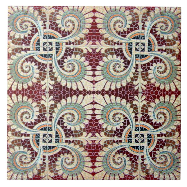 German Floral Maroon Art Nouveau Jugendstil  Ceramic Tile (Front)