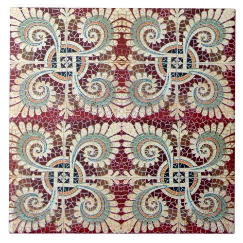 German Floral Maroon Art Nouveau Jugendstil  Ceramic Tile