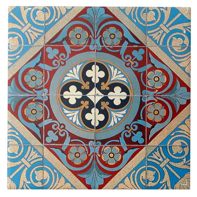 German Geometric Art Nouveau Jugendstil red blue Ceramic Tile (Front)