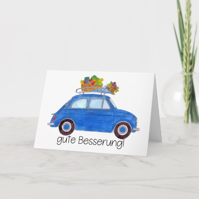 German Get well Blue Retro Fiat 500 Card (Front)