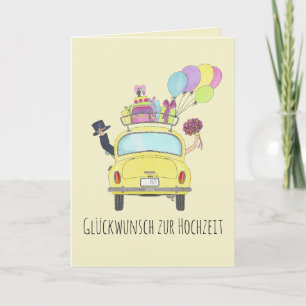 German Glückwunsch Wedding Day Yellow Retro Car Card
