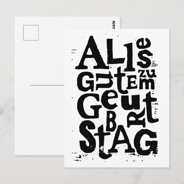 German "Happy Birthday" Lino Print Postcard (Front/Back)