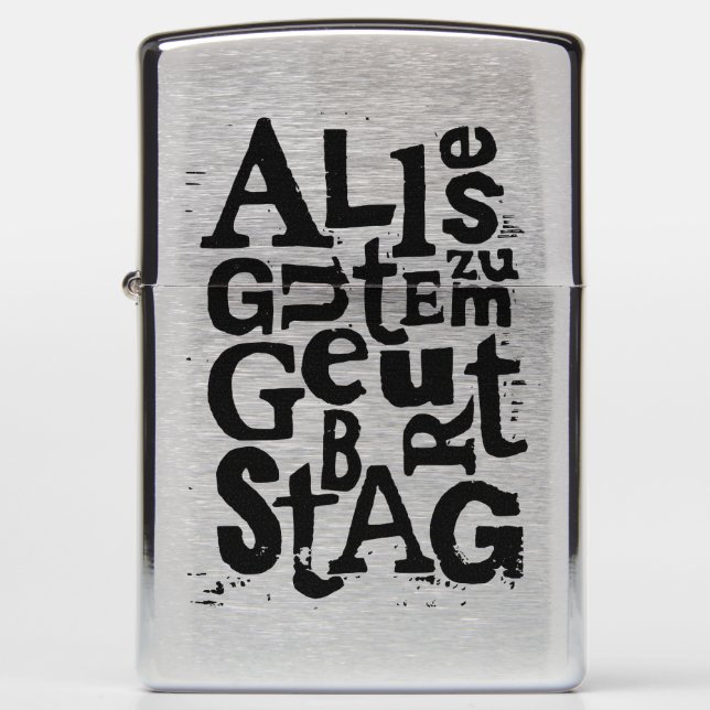 German "Happy Birthday" Lino Print Zippo Lighter (Front)