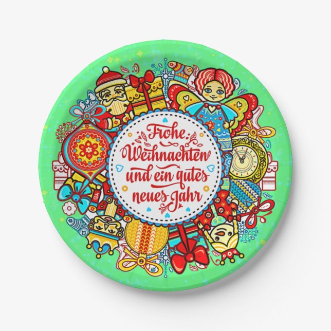 German Happy Christmas & Happy New Year 9" Paper P Plates (Front)