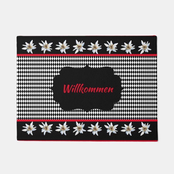 German Inspired Black Checked with Edelweiss Doormat Zazzle