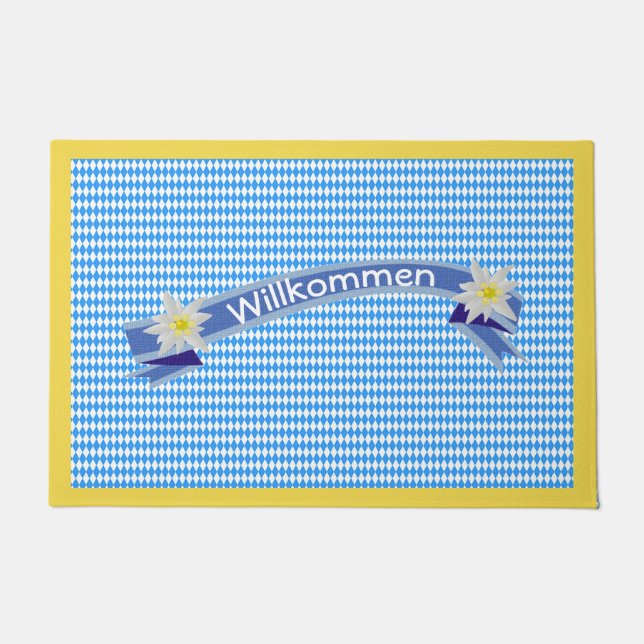 German Inspired Blue Checked with Edelweiss Doormat (Front)