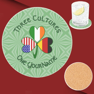 German Irish American Flags Shamrock Personalized Coaster