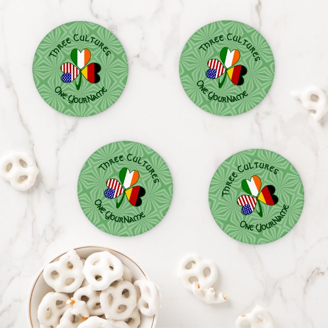 German Irish American Flags Shamrock Personalized  Coaster Set (In Situ)