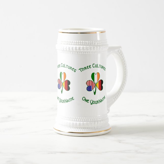 German Irish USA Flags Shamrock Personalized  Beer Stein (Front Right)