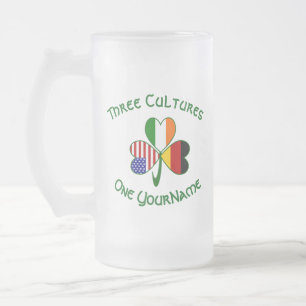 German Irish USA Flags Shamrock Personalized Frosted Glass Beer Mug
