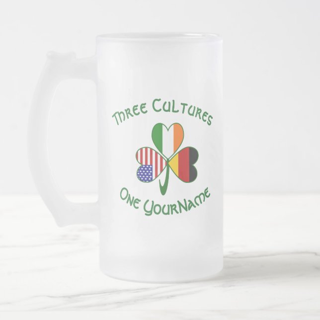 German Irish USA Flags Shamrock Personalized  Frosted Glass Beer Mug (Left)