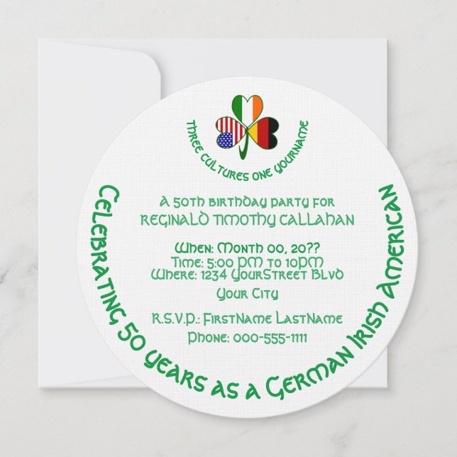 German Irish USA Flags Shamrock Personalized Round Invitation (Front)