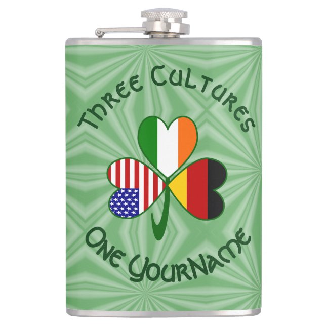 German Irish USA Shamrock Flag Personalized Text  Flask (Front)