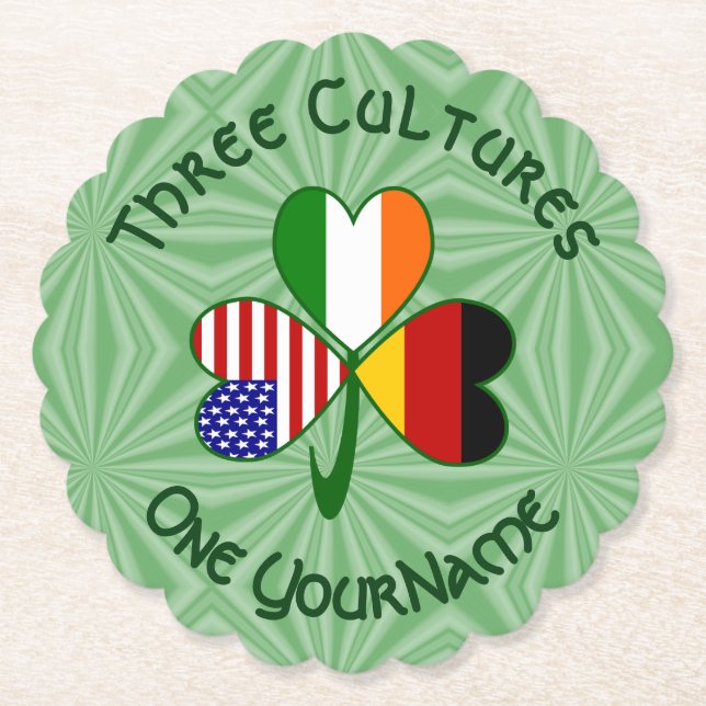 German Irish USA Shamrock Flag Personalized Text  Paper Coaster (Front)