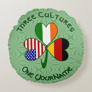 German Irish USA Shamrock Flag Personalized Text  Round Pillow