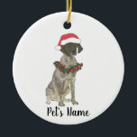 German Liver Shorthaired Pointer Christmas Ceramic Ornament<br><div class="desc">Make the nice list this year with a personalized Christmas ornament of your sweet liver german shorthaired pointer pointer elf in a santa hat and red and green holly wreath! For the sweetest gifts,  pair it with a matching art print or another item from my collection!</div>