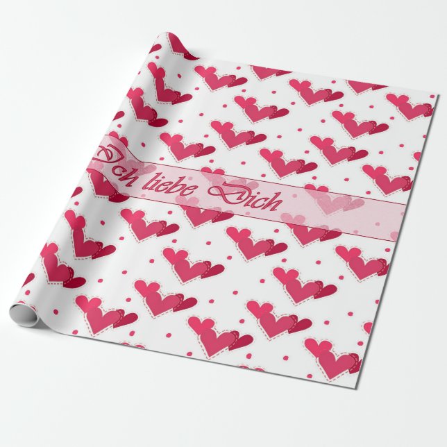 German Love Red Hearts Dots on White Wrap Paper (Unrolled)