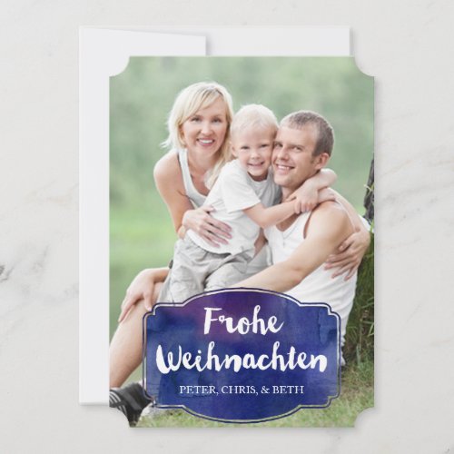 German Merry Christmas Photo Card Blue Watercolor