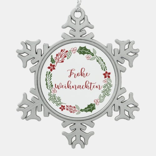 German Merry Christmas Wreath Frohe Weihnachten Snowflake Pewter Christmas Ornament