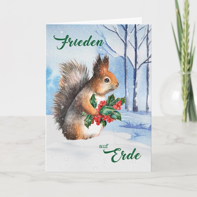 German Peace on Earth Squirrel and Holly Christma Holiday Card (Front)