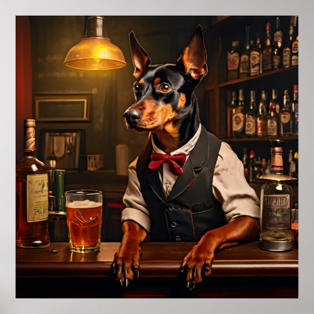 German Pinscher Bartender at a Pub Vintage Poster (Front)