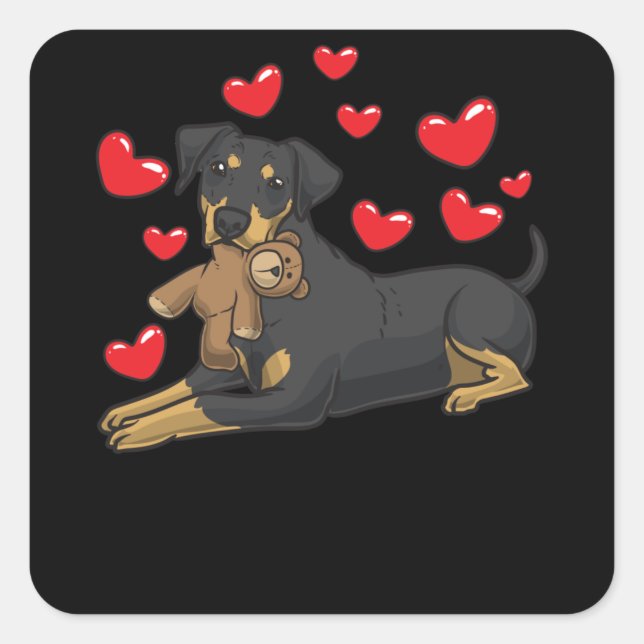 German Pinscher Dog With Stuffed Animal Square Sticker (Front)