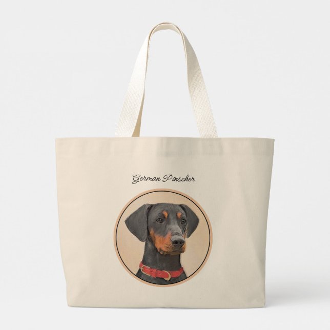German Pinscher Painting Black Original Dog Art Large Tote Bag (Back)