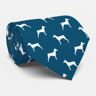 German Pinscher Silhouettes Pattern Blue and White Neck Tie