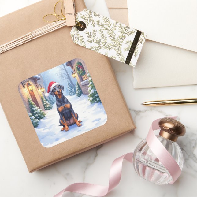 German Pinscher Snowy Courtyard Santa Hat Square Sticker (Gifting)