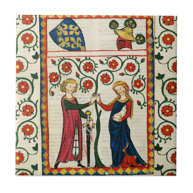 GERMAN POET,HIS BELOVED LADY,MEDIEVAL MINIATURE CERAMIC TILE (Front)