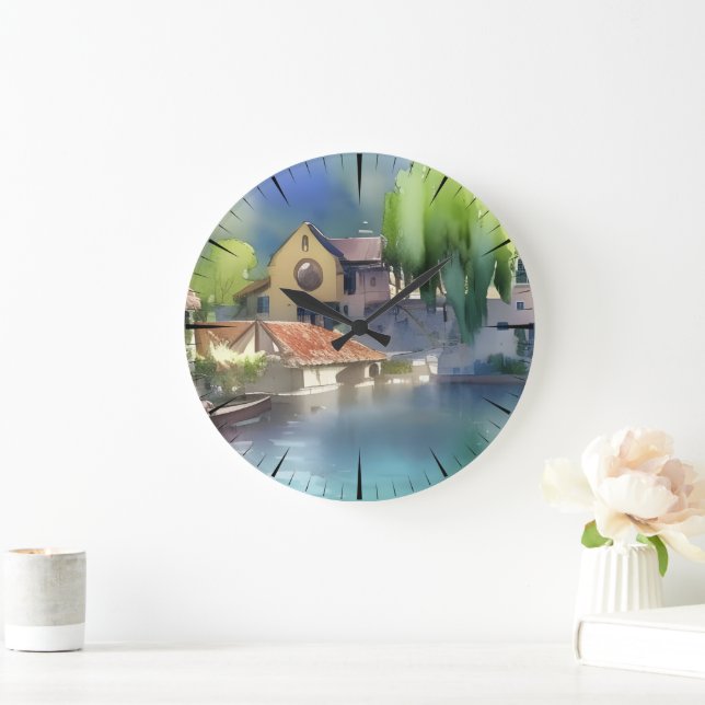 German River Village Watercolor   Large Clock (Home)