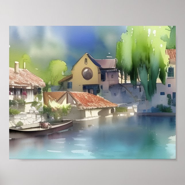 German River Village Watercolor   Poster (Front)