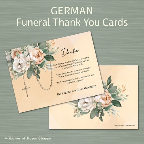 German Rosary Floral Funeral Condolence Sympathy Thank You Card