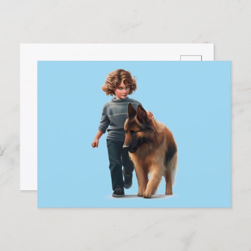German Shepard and boy  Postcard
